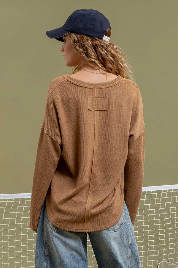 Mocha Notched Long Sleeve Top