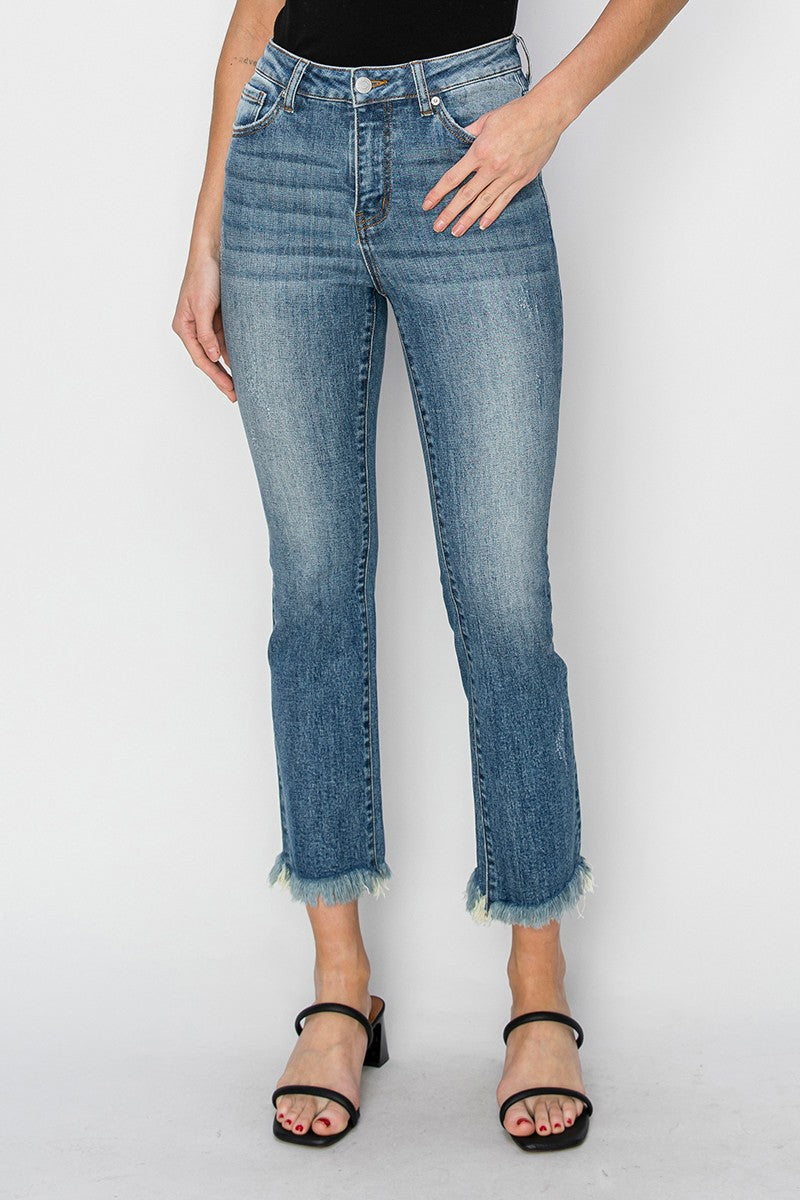 Risen Raw Hem Straight Leg Jeans