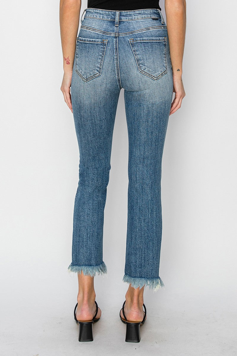 Risen Raw Hem Straight Leg Jeans