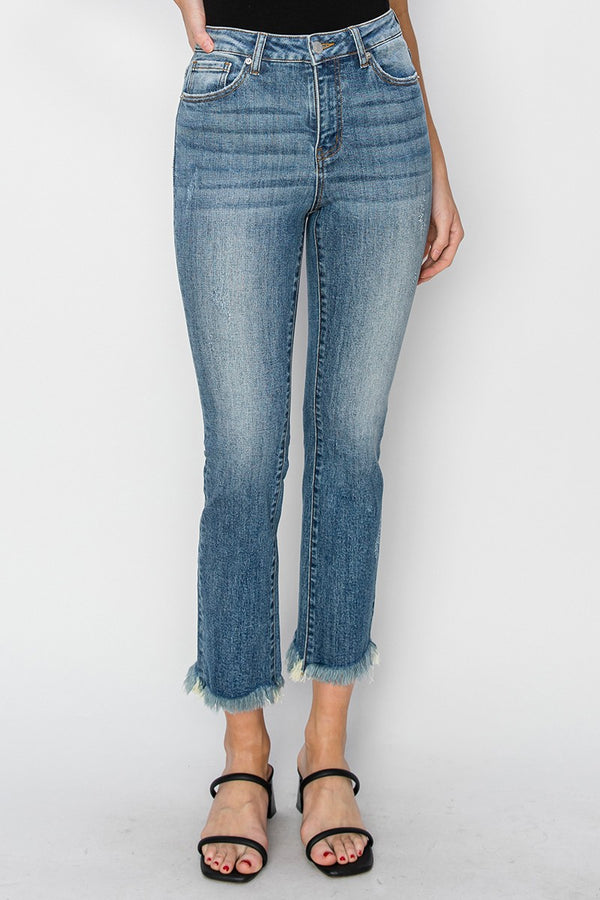 Risen Raw Hem Straight Leg Jeans