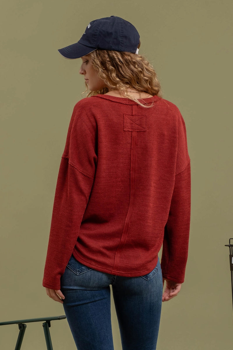 Maroon Notched Long Sleeve Top