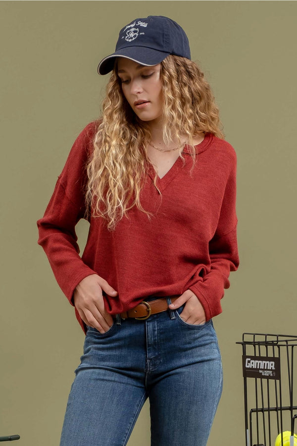 Maroon Notched Long Sleeve Top