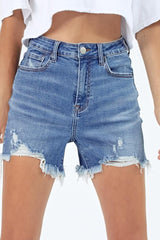 Risen High Rise Distressed Medium Wash Shorts