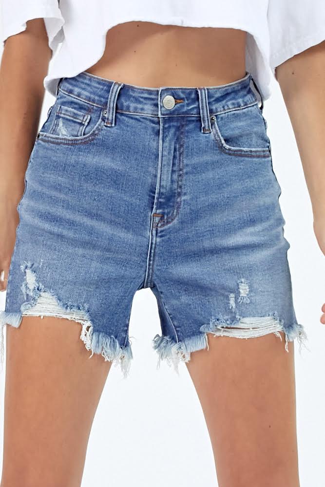 Risen High Rise Distressed Medium Wash Shorts