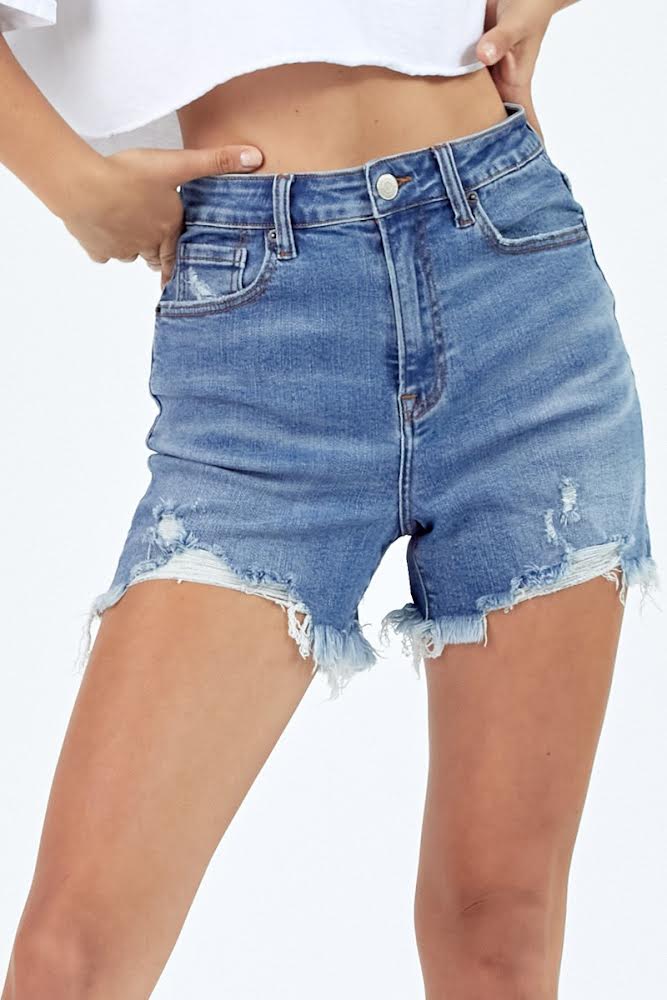 Risen High Rise Distressed Medium Wash Shorts